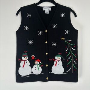 Croft & Barrow Women's Sweater Vest Size‎ Petite Small Black Snowman Holliday